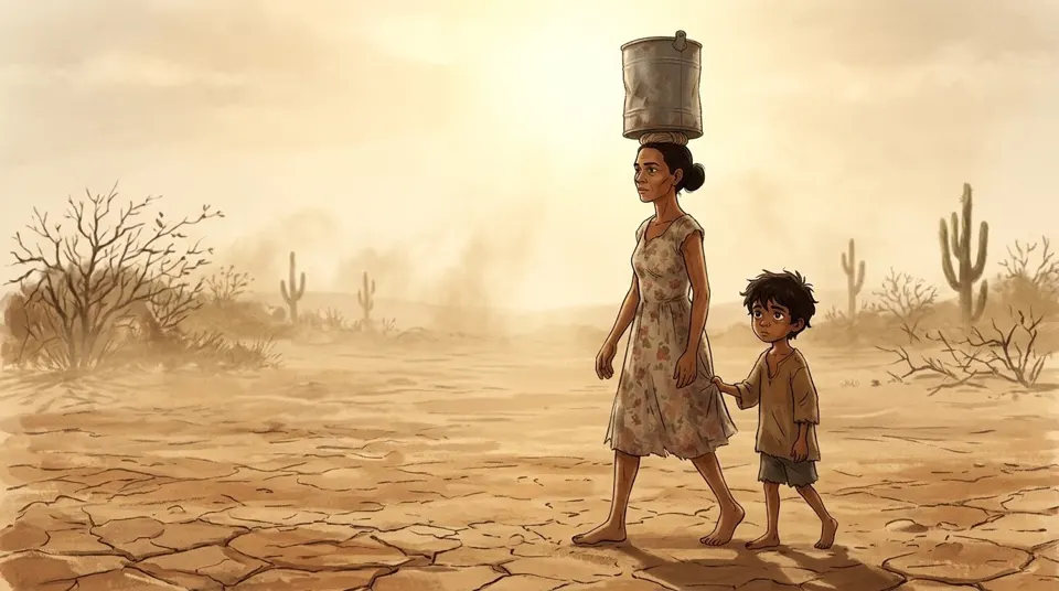 Mãe e filho caminhando no sertão
