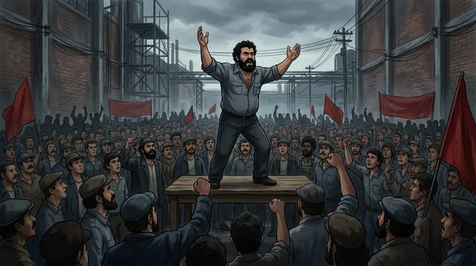 Líder sindical discursando para operários